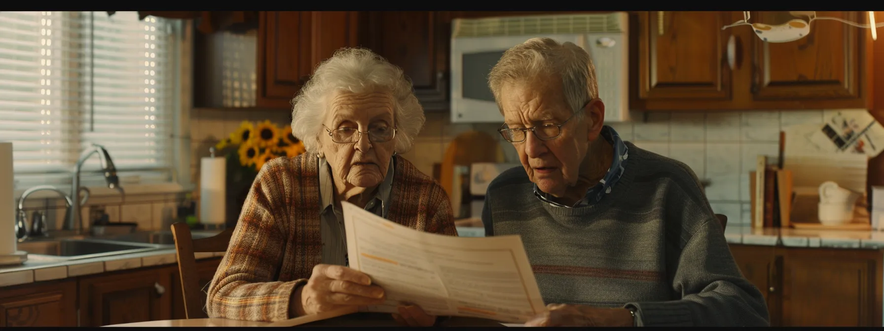 a senior couple sitting at a kitchen table, reviewing final expense insurance documents with a thoughtful expression.