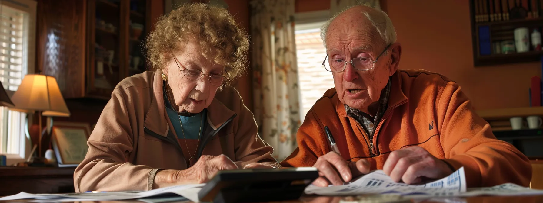 a senior couple sitting at a table with calculators and paperwork, carefully calculating potential funeral and burial costs, outstanding debts, and medical bills to determine the appropriate coverage amount for their final expense insurance.