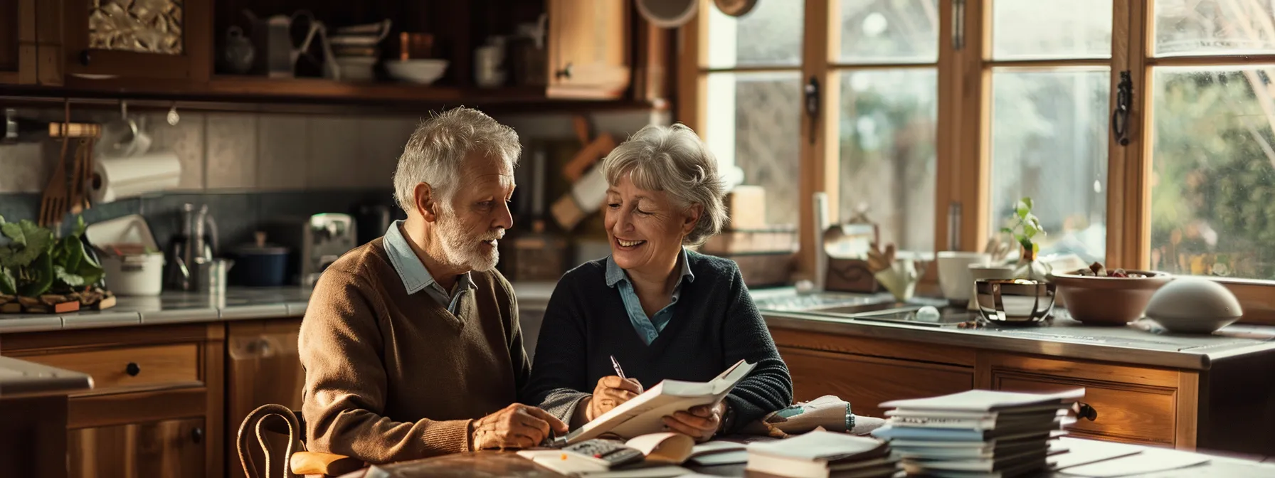 a senior couple sitting at a cozy kitchen table, reviewing final expense insurance policy options with a stack of brochures and a calculator in front of them.