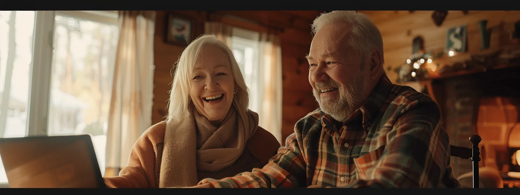 a senior couple smiles happily while reviewing final expense insurance policy options together at a cozy home office desk.