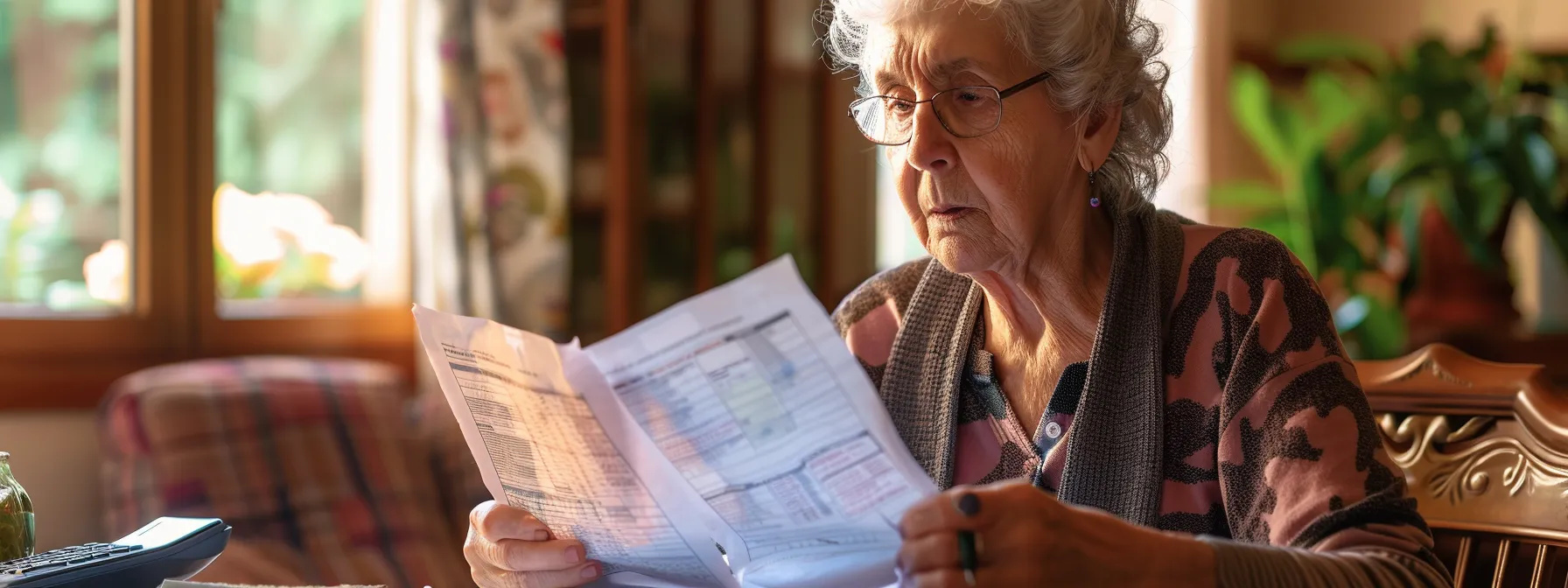 a senior woman carefully reviewing final expense insurance policy documents with a concerned expression, surrounded by informational brochures and a calculator.