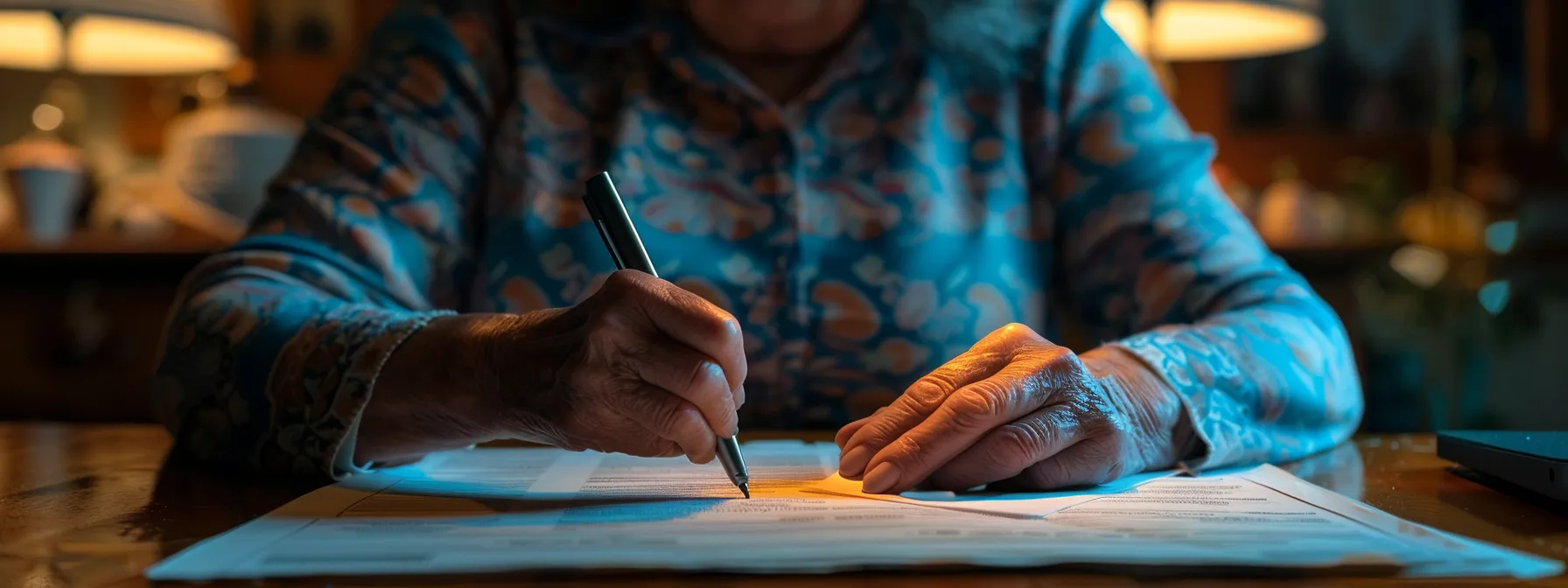 a senior woman sitting at a table, confidently filling out a final expense insurance application form with a pen.