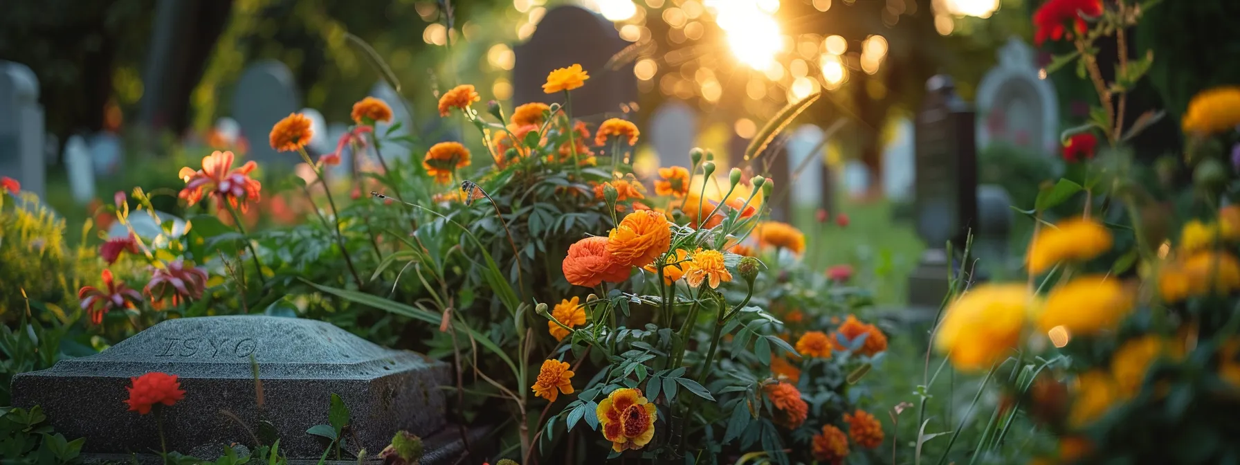 a serene cemetery scene with a gravestone surrounded by vibrant flowers, showcasing the peaceful aspect of final expense insurance covering funeral costs.