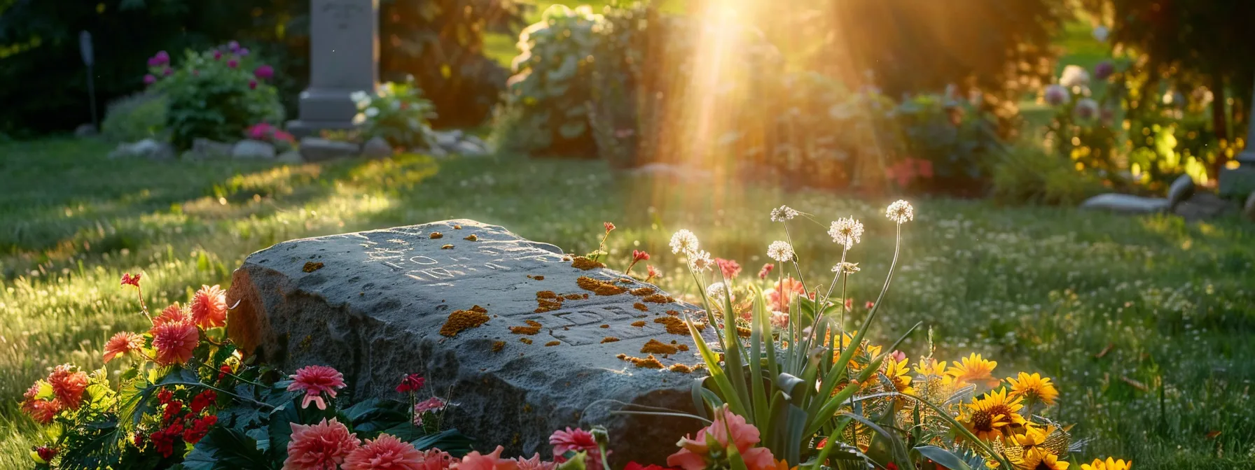 a serene cemetery setting with a gravestone adorned with flowers symbolizing financial peace of mind provided by final expense insurance.