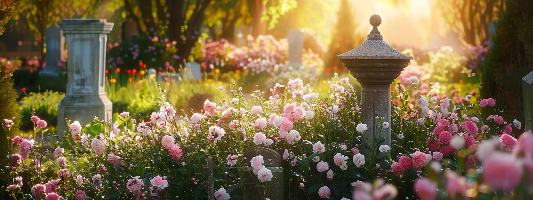 a serene cemetery with a beautiful headstone surrounded by blooming flowers and a peaceful atmosphere.