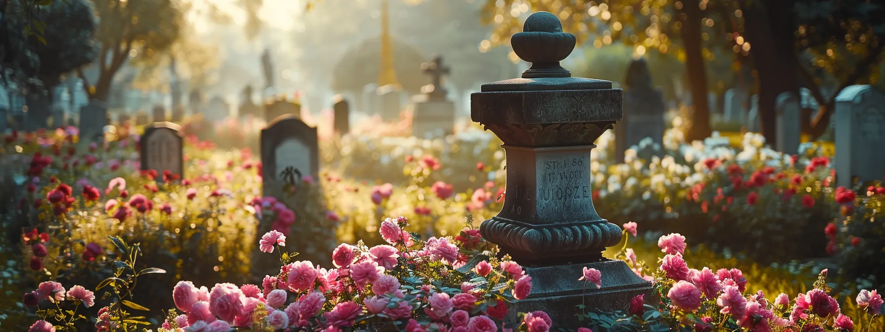 a serene cemetery with a beautiful headstone surrounded by colorful flowers.