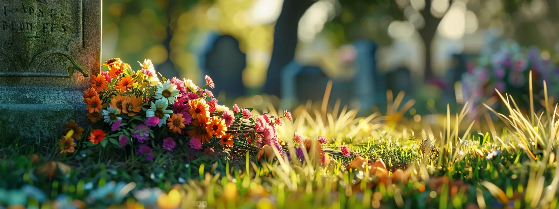a serene cemetery with a colorful bouquet of flowers resting on a gravestone, symbolizing the peace of mind final expense insurance provides for families.