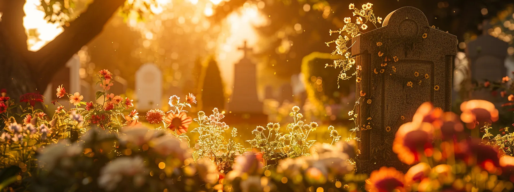 a serene cemetery with a gravestone surrounded by flowers and a peaceful sunset in the background, symbolizing the financial relief and peace of mind brought by final expense insurance.