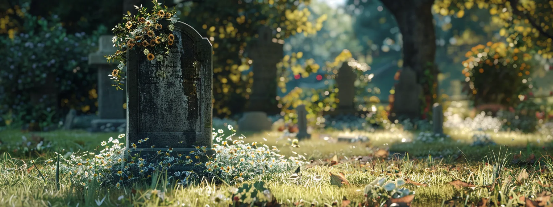 a serene cemetery with a peaceful gravestone adorned with flowers, symbolizing the financial peace of mind final expense insurance can provide.