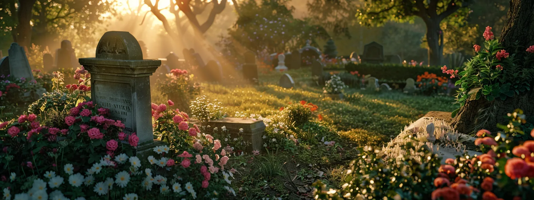 a serene cemetery with a simple headstone surrounded by flowers and a peaceful landscape.