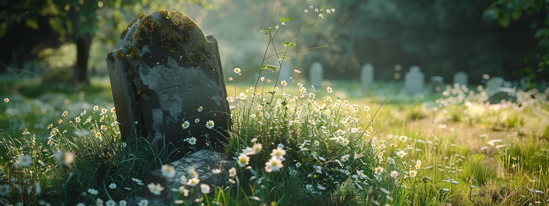 a serene cemetery with a solitary gravestone adorned with fresh flowers.