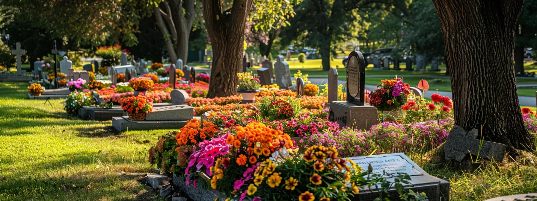 a serene cemetery with colorful flower arrangements and personalized tombstones, showcasing the cost savings of pre-paid funeral plans and investment options for end-of-life expenses.