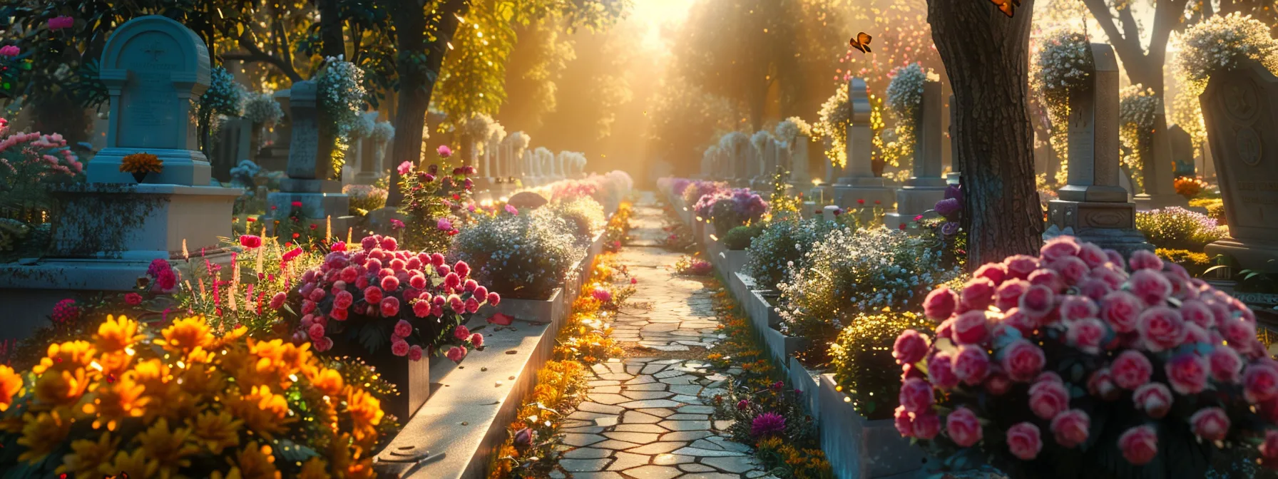 a serene cemetery with elegant headstones surrounded by colorful flowers, illustrating the importance of final expense insurance in covering end-of-life costs.