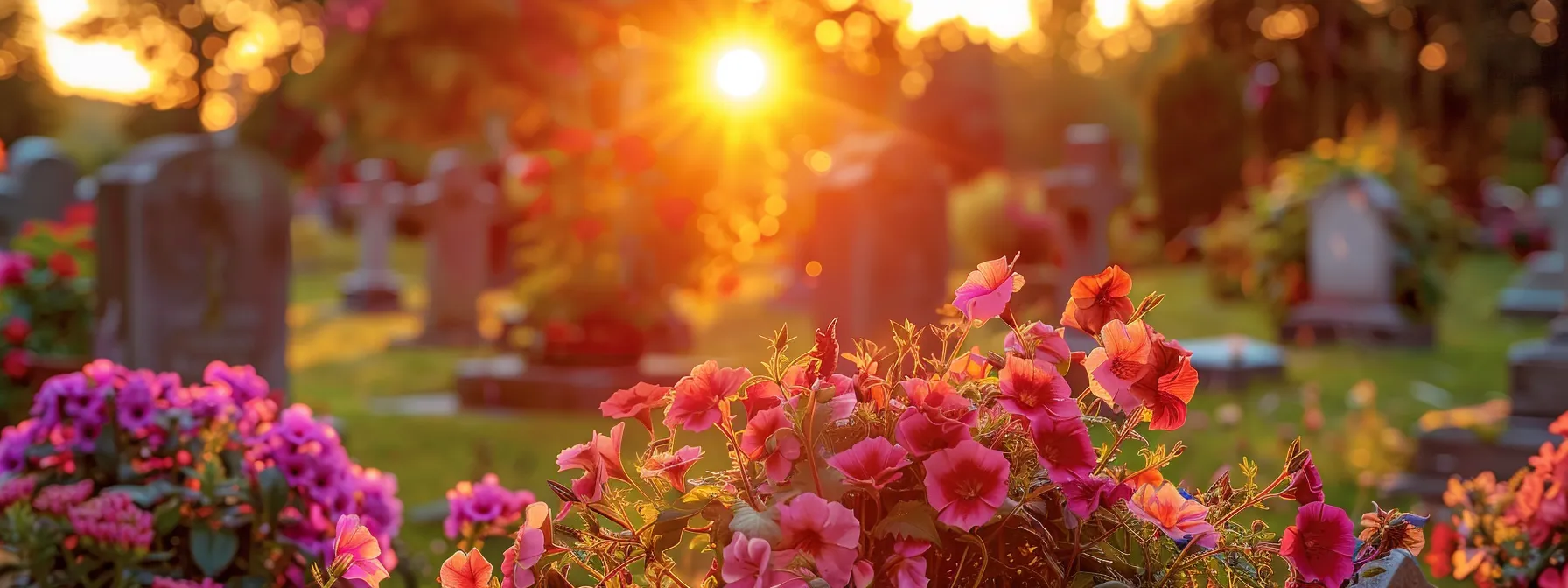 a serene cemetery with gravestones surrounded by colorful flowers and a peaceful sunset in the background.