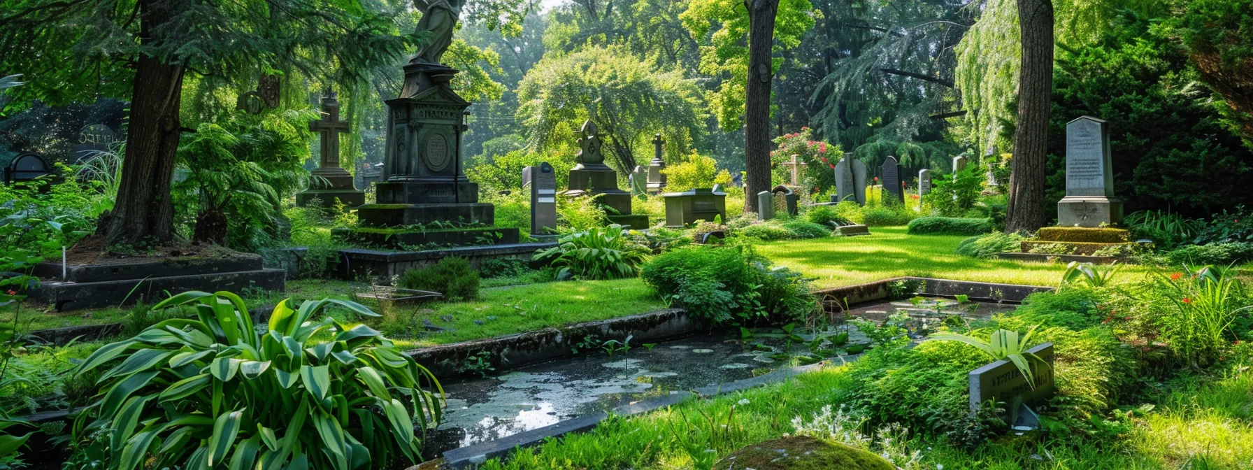 a serene cemetery with lush greenery, a tranquil pond, and a variety of headstones, representing different burial insurance coverage options offered by aaa.