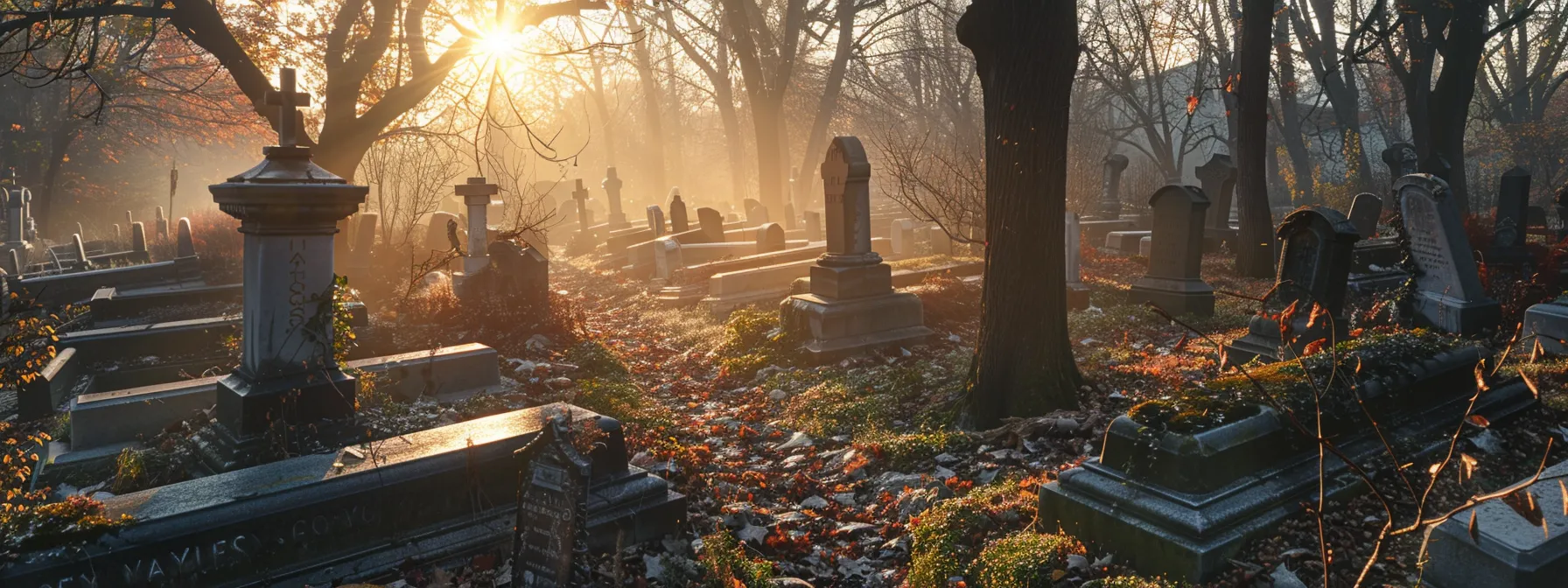 a serene cemetery with peaceful gravestones contrasts with a bustling insurance office, illustrating the difference between aaa burial insurance and traditional life insurance.