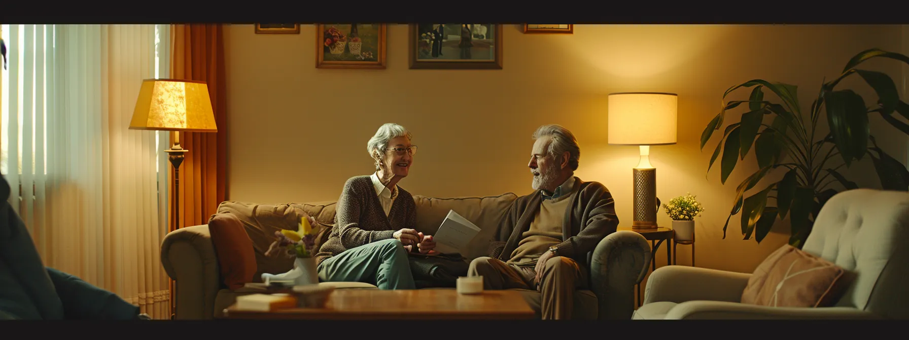 a serene elderly couple in a cozy living room, smiling as they review final expense insurance documents with a caring insurance agent.