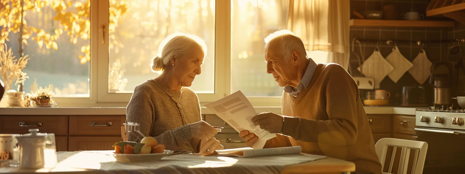 a serene elderly couple reviewing final expense insurance policy options at a cozy kitchen table.