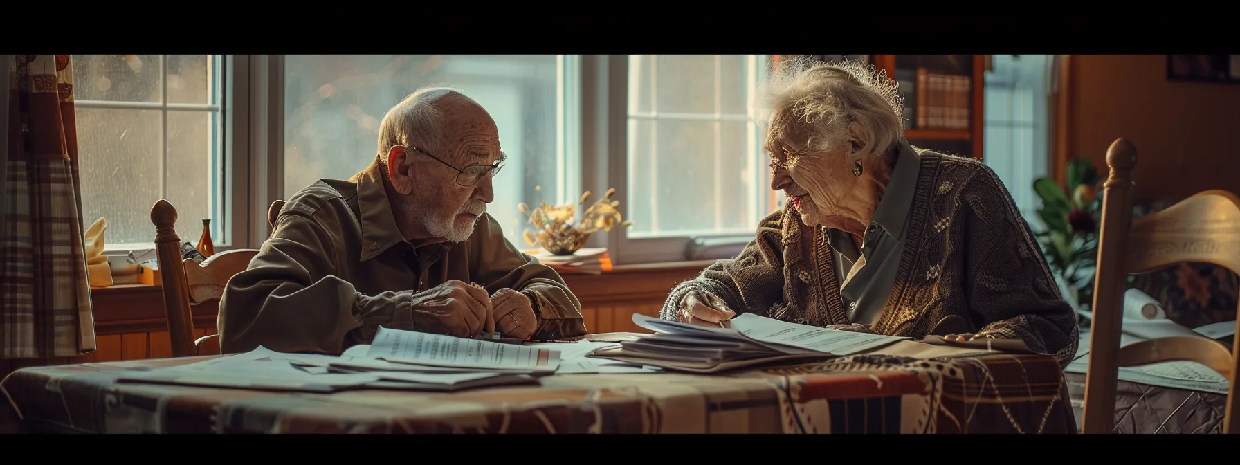 a serene elderly couple sitting at a table, discussing financial documents and final expense insurance options, with a stack of legal papers and a pamphlet from the national association of insurance commissioners in front of them.