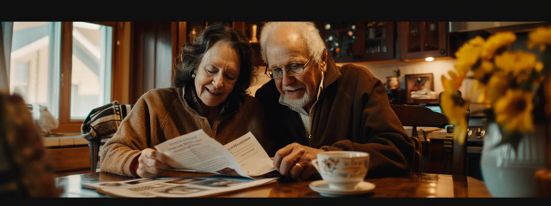 a serene elderly couple sitting at their kitchen table, smiling as they review paperwork for final expense insurance, surrounded by comforting family photos and a warm cup of tea.