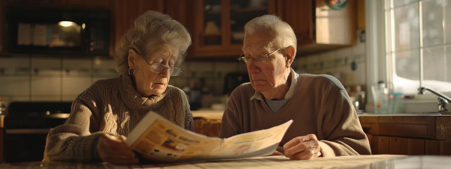 a serene elderly couple sitting at a kitchen table, reviewing final expense insurance brochures with a concerned expression.