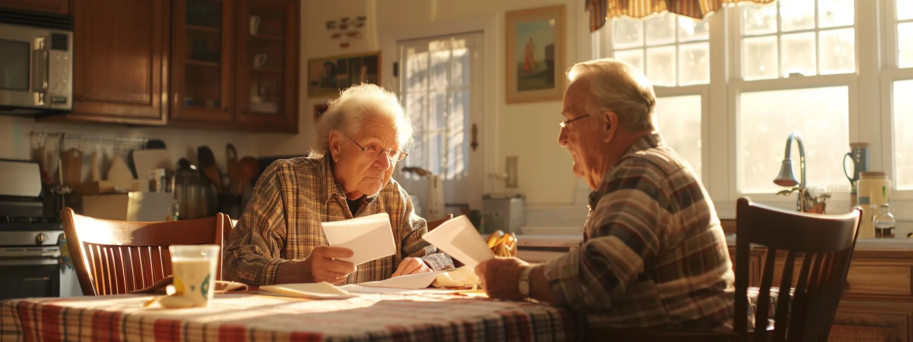 a serene elderly couple sitting at a kitchen table, surrounded by papers and discussing final expense insurance options with a caring agent.