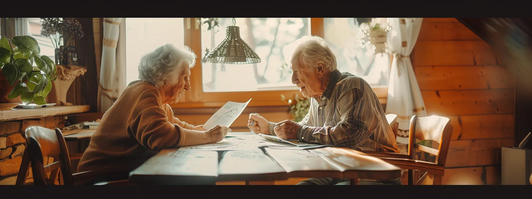 a serene elderly couple sitting at a wooden table, surrounded by photos and documents, discussing final expense insurance as part of their end-of-life planning strategy.