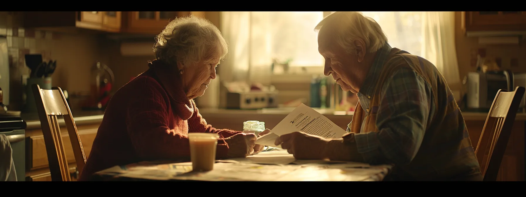 a serene elderly couple sitting together at a kitchen table, reviewing final expense insurance paperwork.