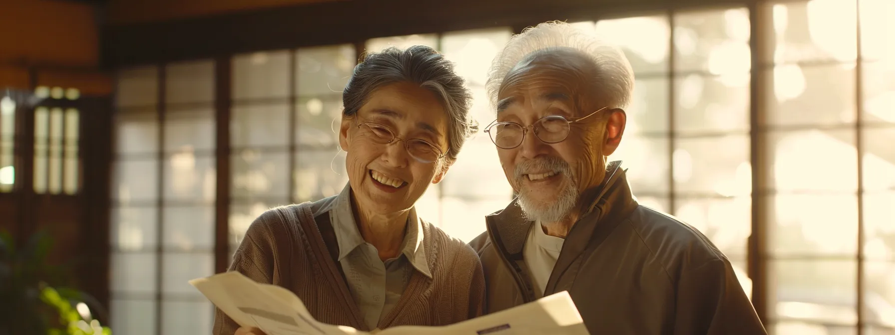 a serene elderly couple smiling, surrounded by comforting final expense insurance documents and peaceful funeral arrangement brochures.