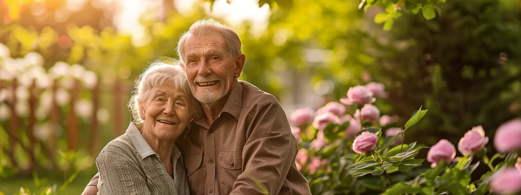 a serene elderly couple smiling together in their garden, surrounded by blooming flowers and a peaceful atmosphere, representing the peace of mind and financial security offered by final expense insurance.