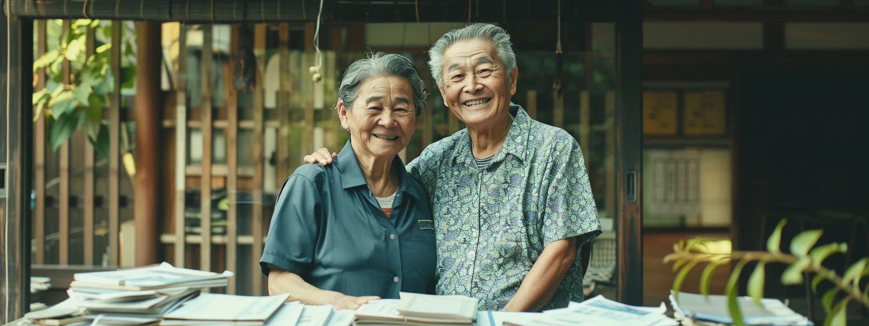 a serene elderly couple smiling together in front of a peaceful garden, with a stack of financial paperwork neatly organized on a table beside them.