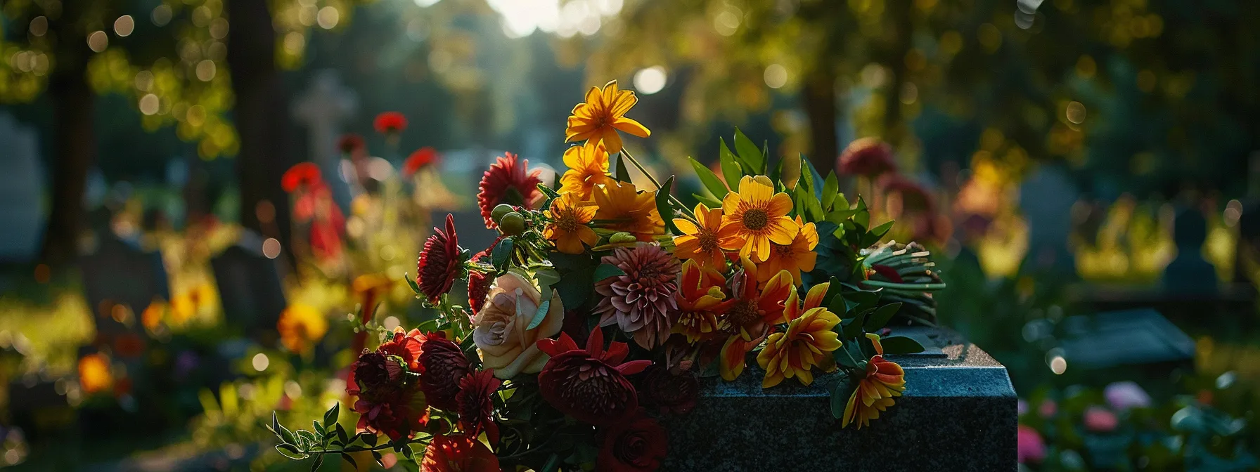 a serene funeral procession at a peaceful cemetery, with a colorful bouquet of flowers placed on a gravestone as a symbol of final expense insurance benefits.