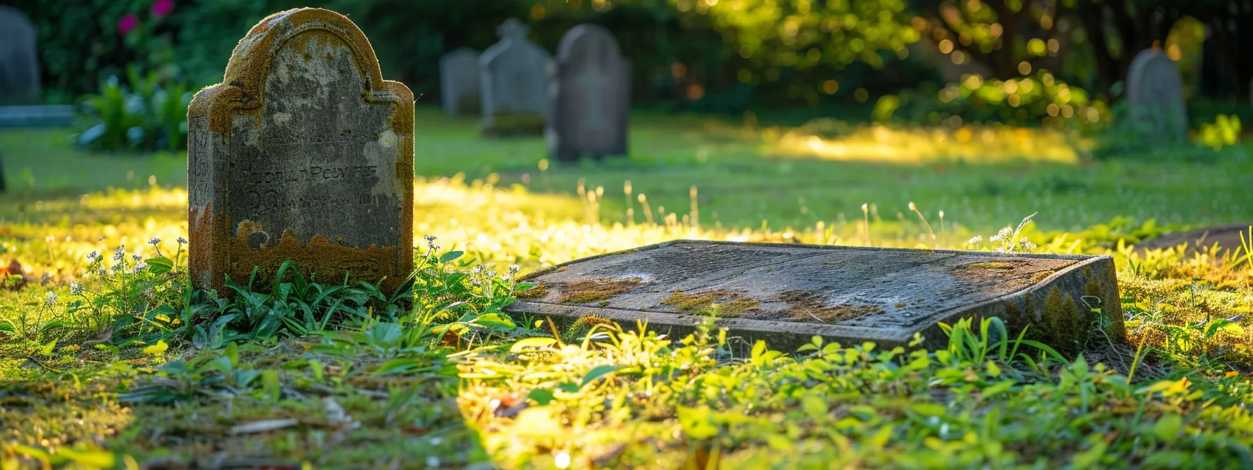 a serene graveyard with a peaceful setting and a headstone, symbolizing the importance of securing final expense insurance early for end-of-life planning.