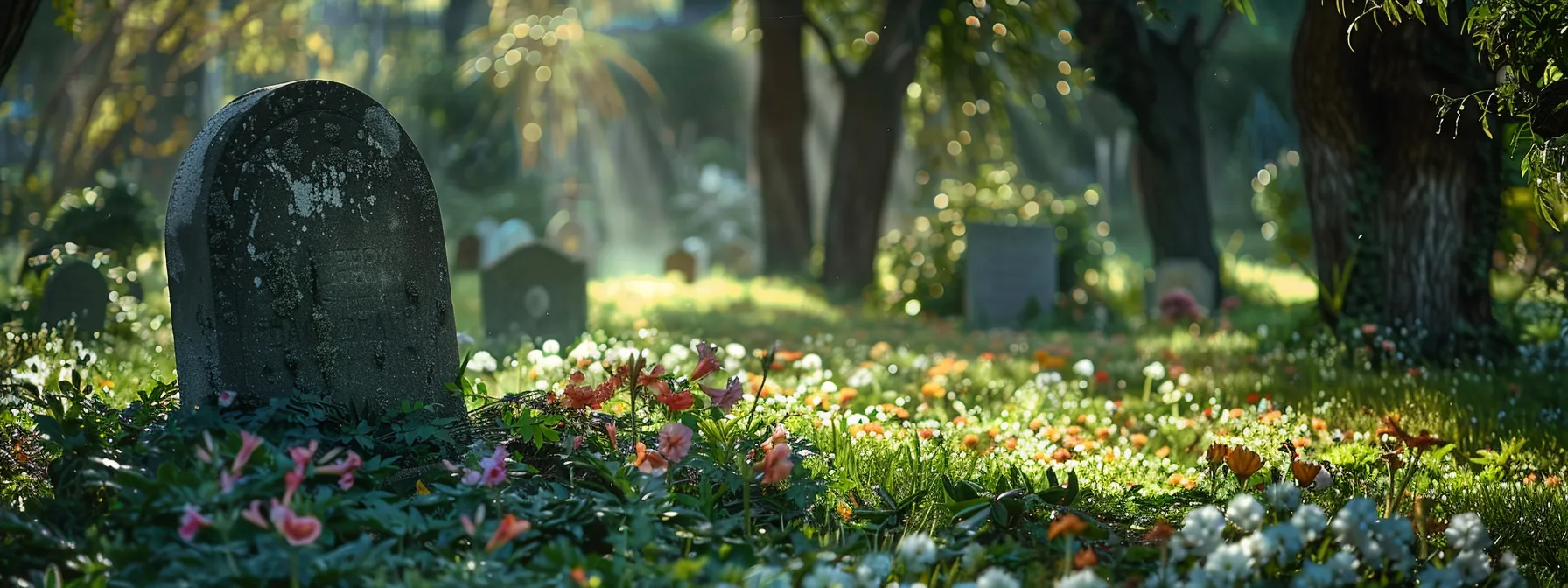 a serene graveyard with a simple headstone surrounded by blooming flowers, showcasing the peaceful final resting place covered by final expense insurance.