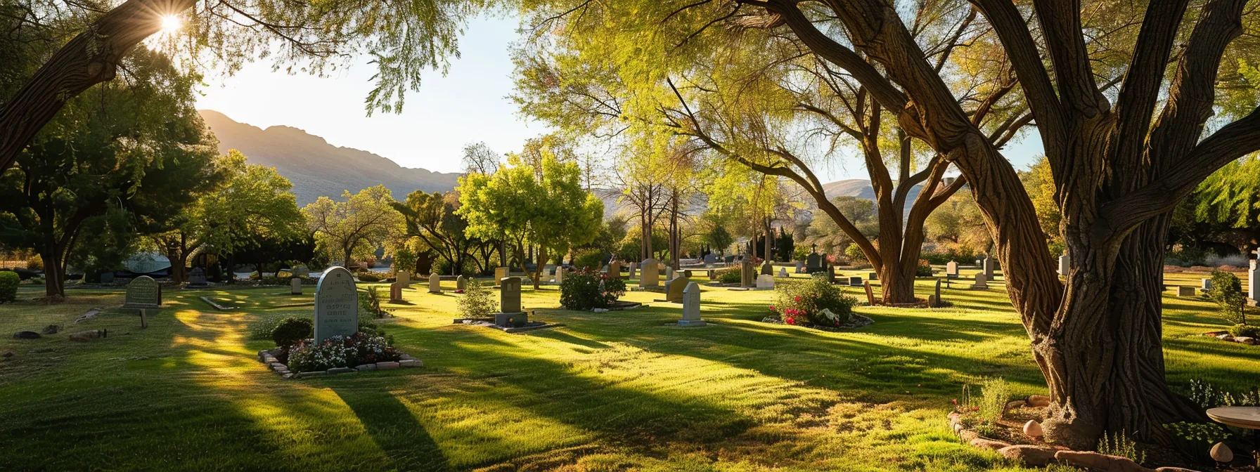 a serene graveyard with a tranquil landscape, showcasing the peace and security of aaa burial insurance.