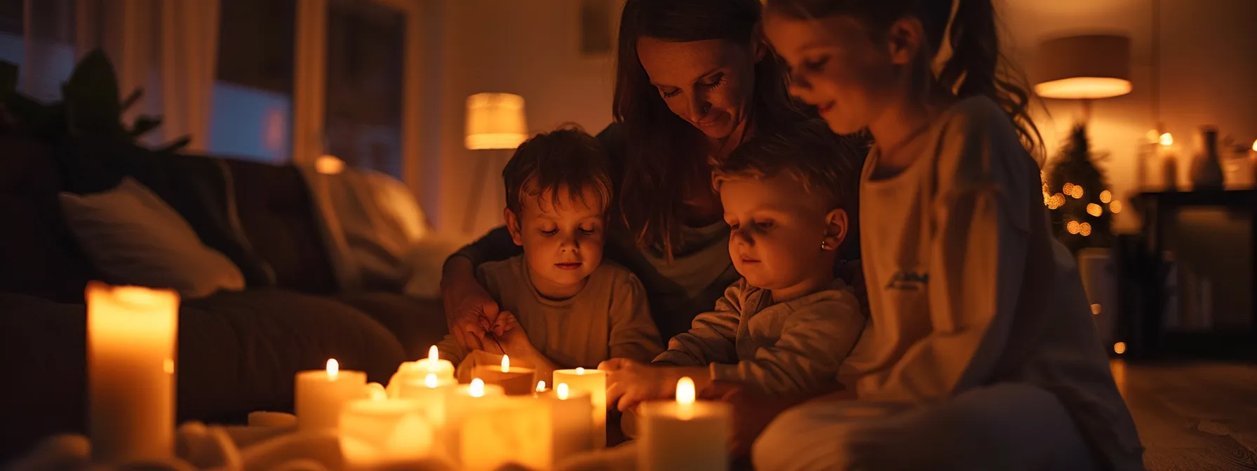 a serene image of a family gathered together, relieved and comforted by the financial benefits of final expense insurance, surrounded by soft candlelight and comforting colors.