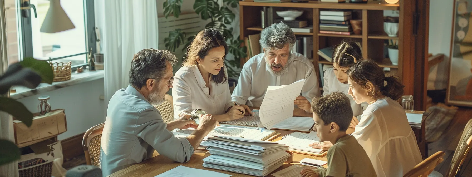 a serene image of a peaceful family gathering around a table, surrounded by legal documents and financial paperwork, with a stack of final expense insurance policies neatly organized in the foreground, symbolizing a simplified and stress-free estate settlement process.
