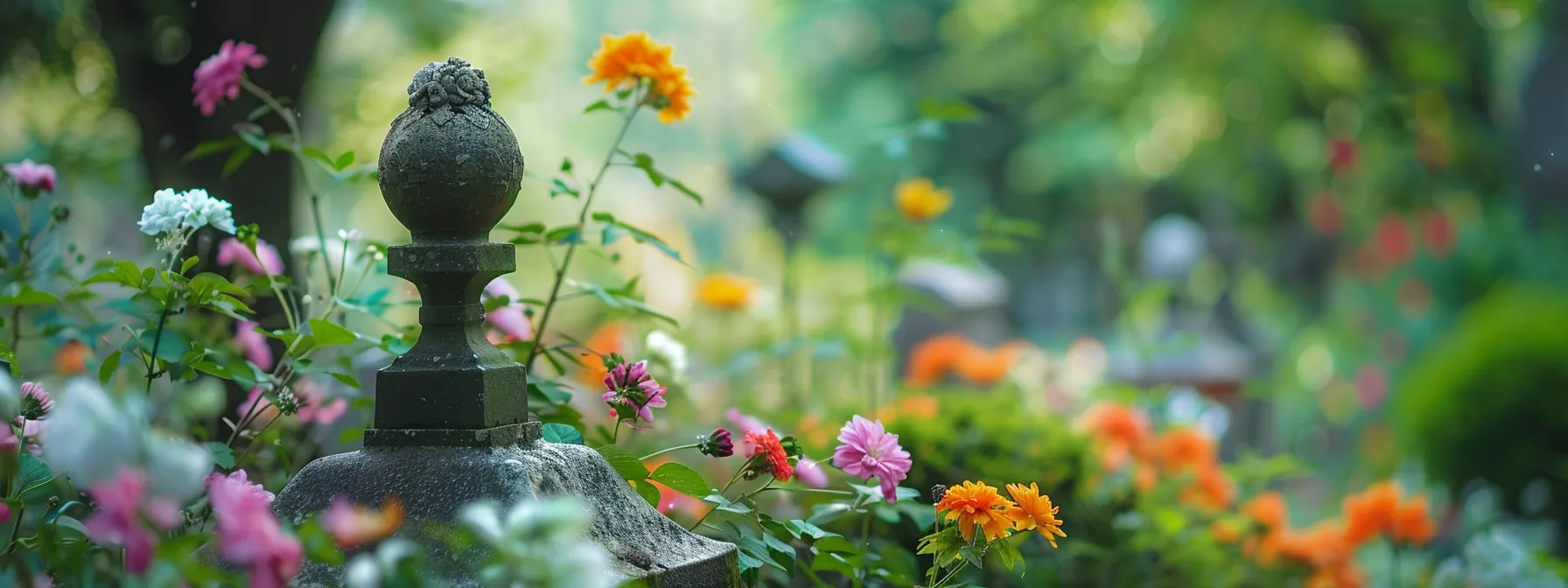 a serene, peaceful cemetery with colorful flowers and a small, decorative headstone surrounded by lush greenery.