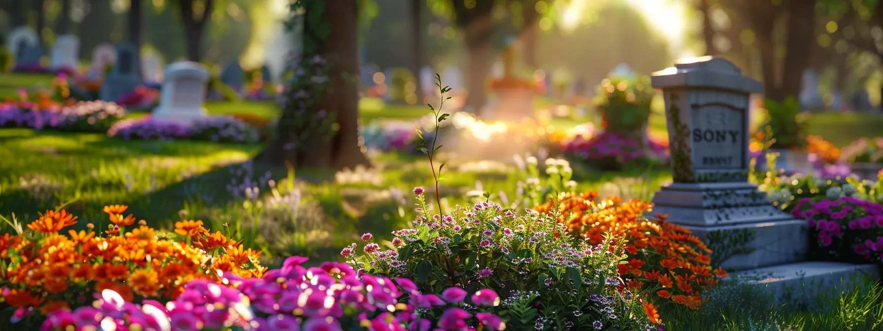 a serene, peaceful cemetery with vibrant flowers and personalized headstones, showcasing alternative final expense options such as pre-paid funeral plans and personal savings.