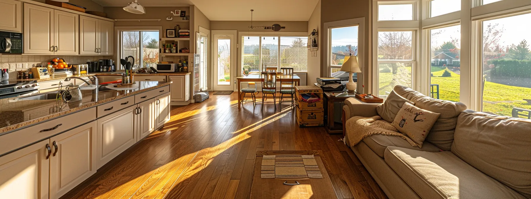 a serene photo of a family home with a full pantry, paid bills on the table, and a cozy living room, symbolizing security and continuity of daily living expenses for loved ones.