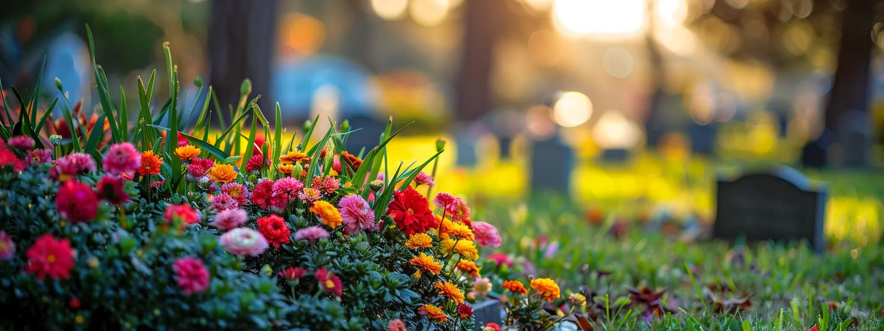 a serene scene of a peaceful cemetery with colorful flowers and a tranquil atmosphere, symbolizing the emotional comfort and financial protection provided by final expense insurance.