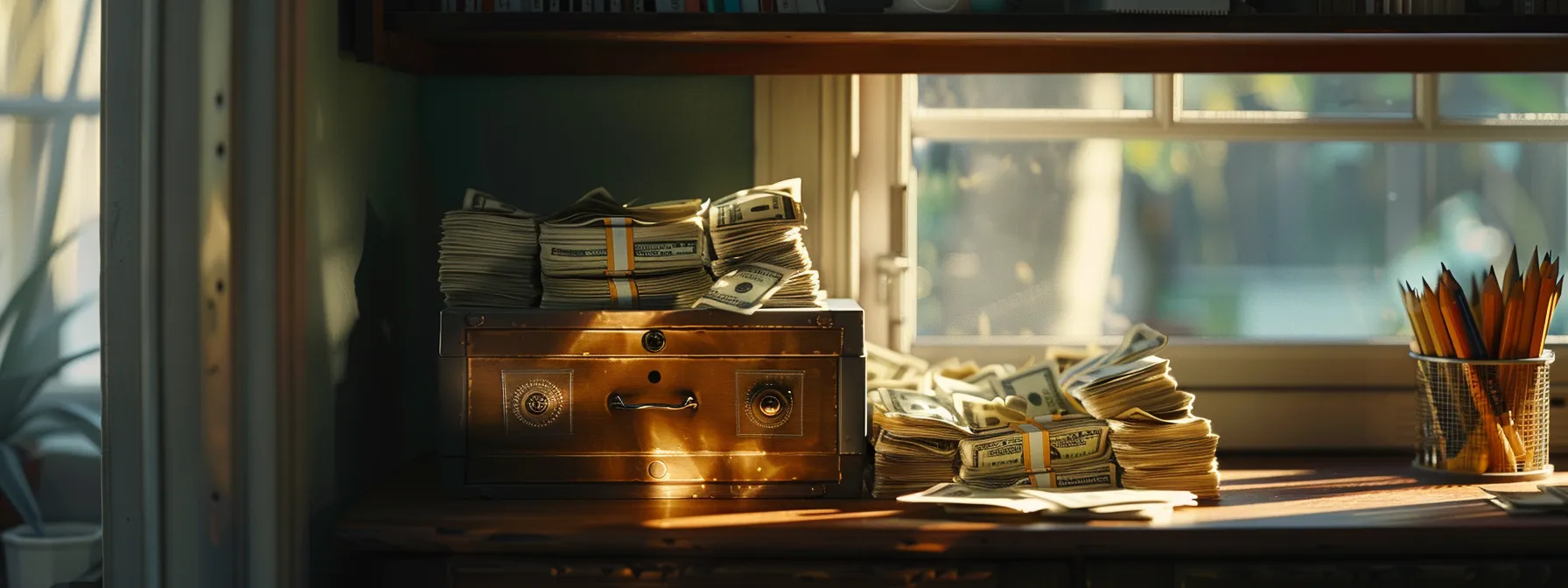 a serene scene of a safe filled with cash slowly accumulating over time, symbolizing peace of mind through cash value accumulation.