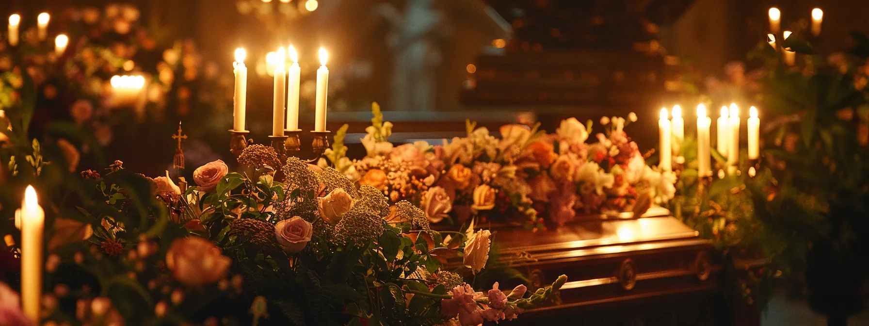 a solemn and dignified funeral service with loved ones gathered around a beautifully decorated casket, surrounded by flowers and flickering candles.