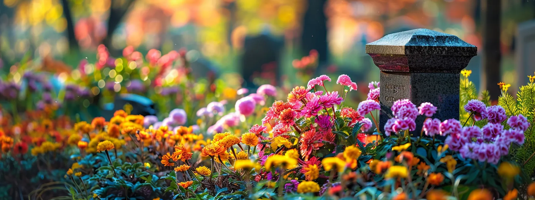 a solemn gravestone surrounded by colorful flowers and a serene landscape, symbolizing the peace of mind offered by aaa burial insurance.