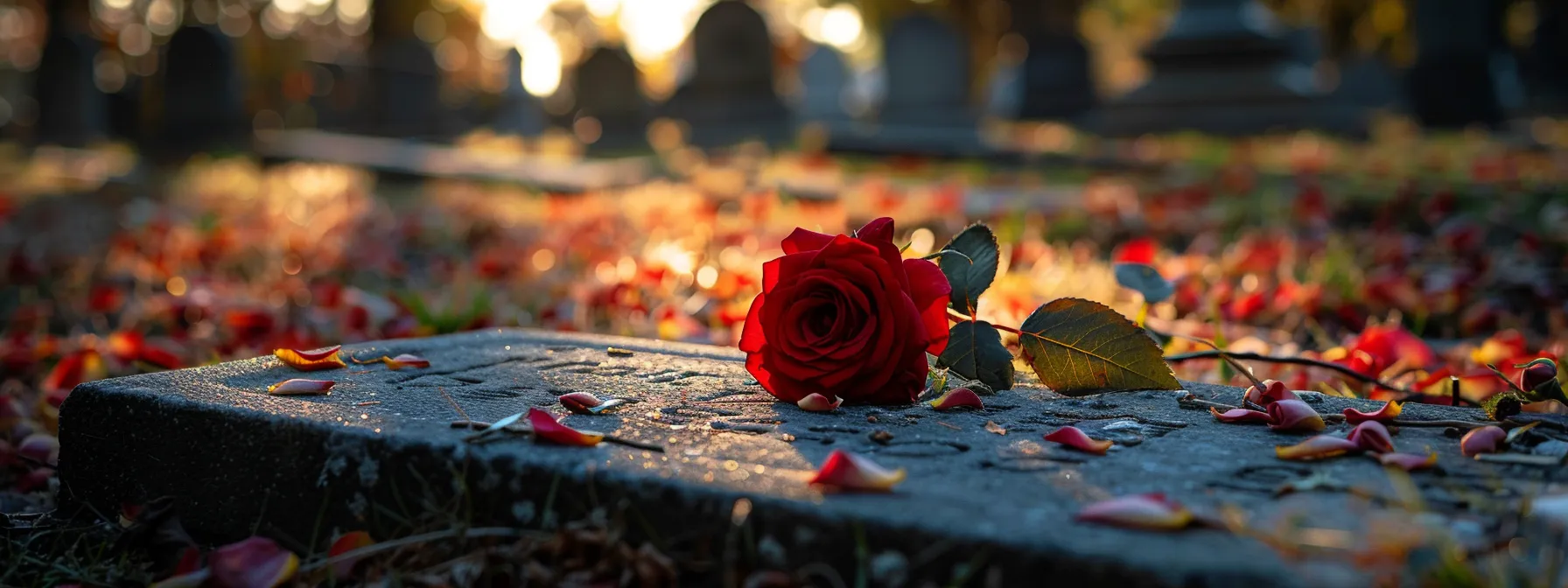 a somber black and white photo of a peaceful cemetery with a single red rose resting on a simple headstone, embodying the solemnity and purpose of final expense insurance.