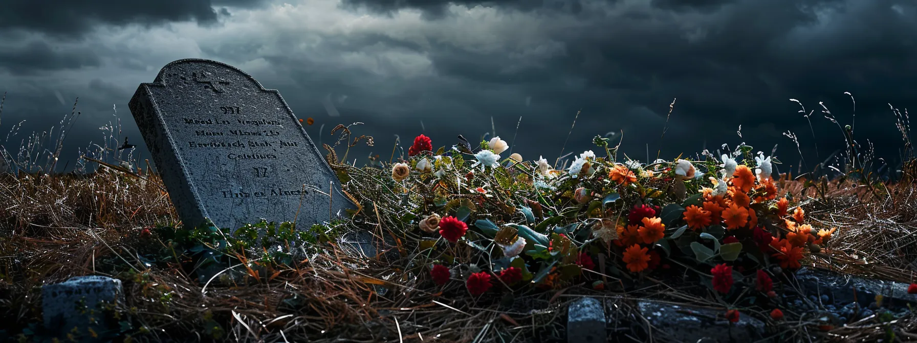 a somber cemetery scene with a lone gravestone surrounded by wilting flowers and a dark sky above, capturing the essence of final expense insurance.