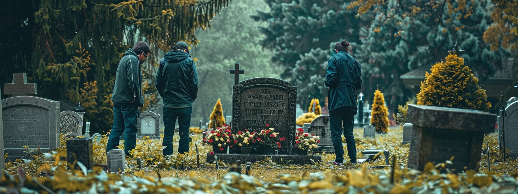 a somber cemetery scene with a grieving family surrounding a gravestone, highlighting the financial burden of final expenses for seniors.