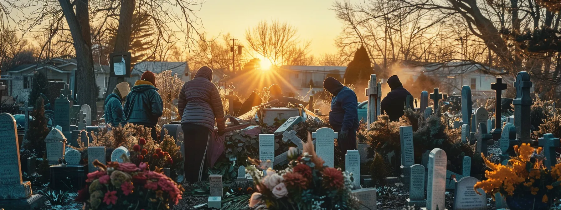 a somber cemetery scene with a grieving family, surrounded by costly funeral arrangements and medical bills, highlighting the financial burden of end-of-life expenses.