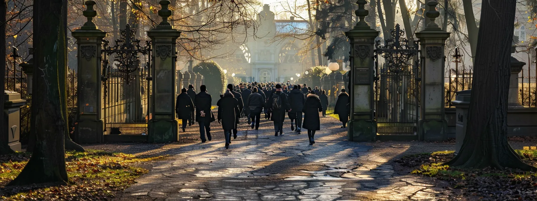 a somber, dignified funeral procession with mourners dressed in black walking towards a grand, ornate cemetery gates.