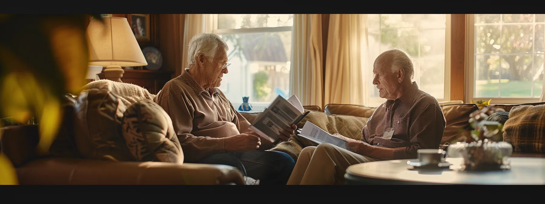 a somber, elderly couple reviewing documents with a compassionate insurance agent in their cozy living room, contemplating final expense insurance options.